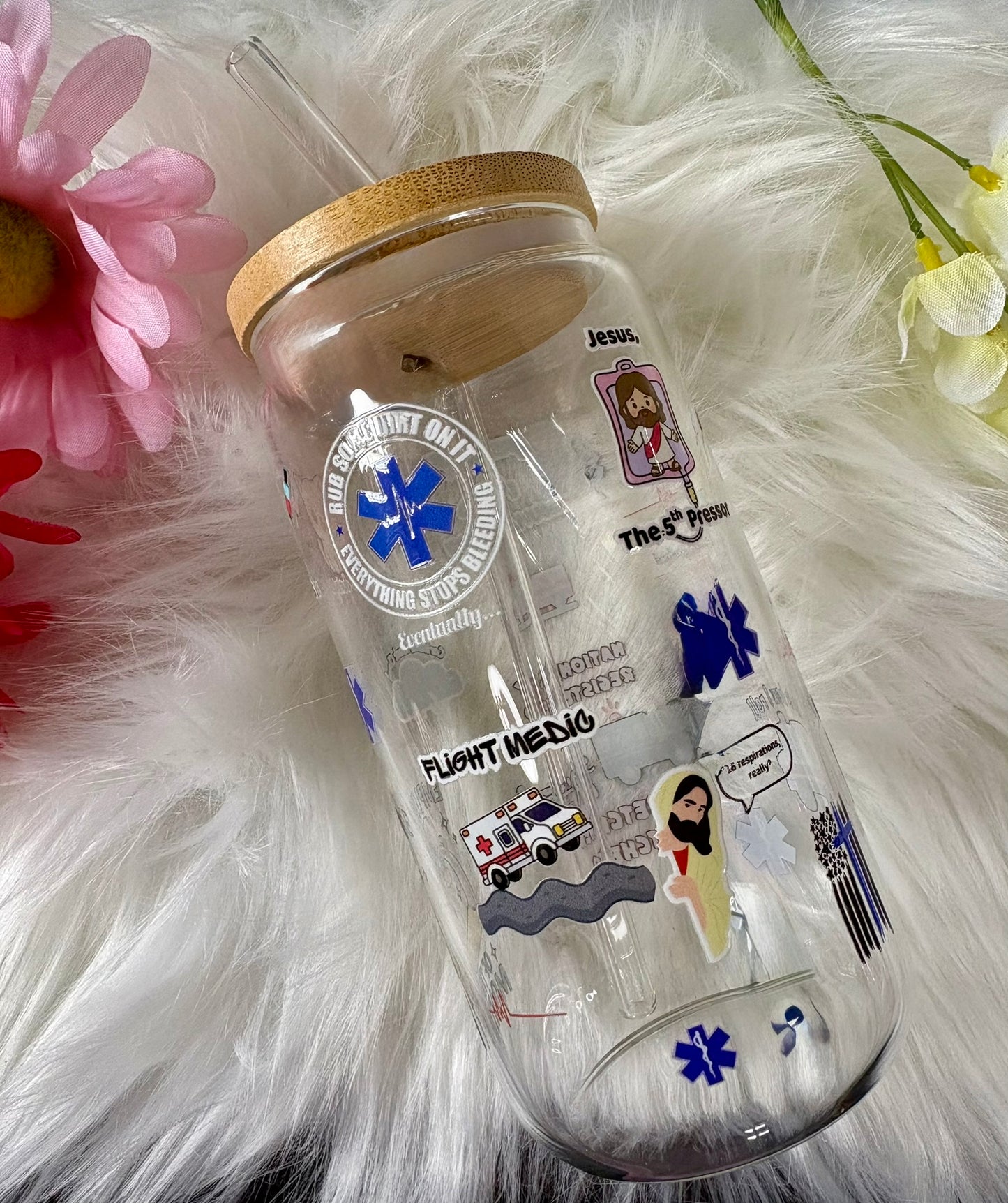 EMS Glass Tumbler | EMT & Paramedic Gift | First Responder Cup with Bamboo Lid & Straw