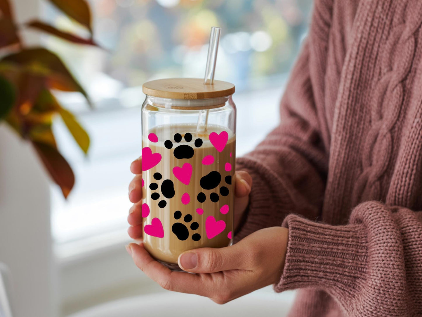 16 oz Heart Paw Print Glass Tumbler with Bamboo Lid, Straw