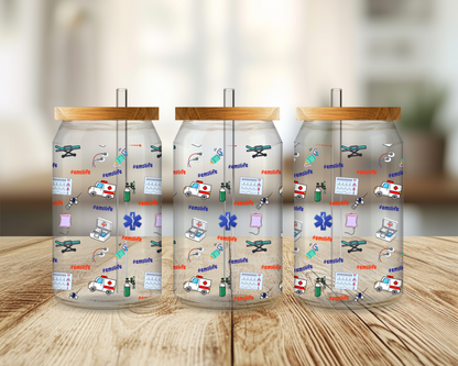 EMS Life Glass Tumbler | Paramedic Cup with Bamboo Lid & Straw | EMT Gift | Medical Aesthetic Drinkware