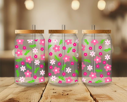 Pink Floral Glass Cup | Flower Iced Coffee Tumbler