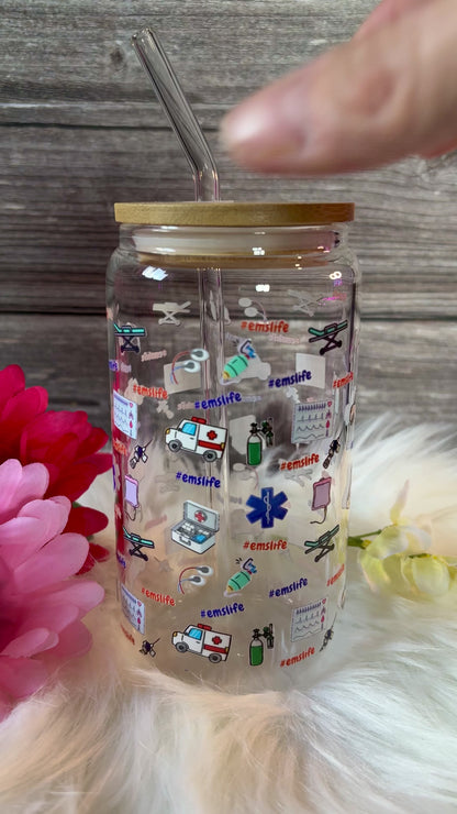 EMS Life Glass Tumbler | Paramedic Cup with Bamboo Lid & Straw | EMT Gift | Medical Aesthetic Drinkware