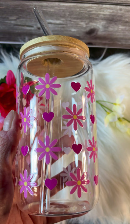 Pink Flower Glass Cup | Cute Iced Coffee Tumbler