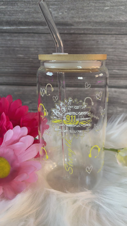 911 Dispatcher Glass Tumbler | EMS Coffee Cup with Bamboo Lid & Straw | First Responder Gift | 911 Operator Drinkware