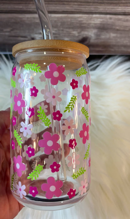Pink Floral Glass Cup | Flower Iced Coffee Tumbler