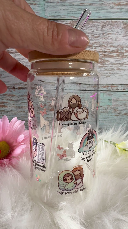 Christian Glass Tumbler | Cute Faith Cup with Straw | Jesus Aesthetic Drinkware | Bible Gift for Women
