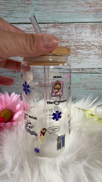 EMS Glass Tumbler | EMT & Paramedic Gift | First Responder Cup with Bamboo Lid & Straw