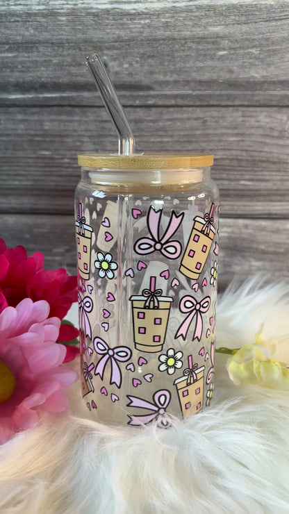 Cute Coffee Glass Cup with Bamboo Lid Straw, Bow & Heart Coffee Cup