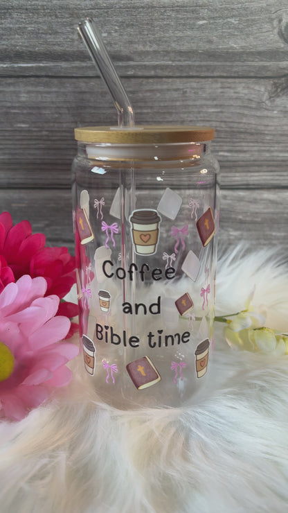 Coffee and Bible Time Glass Tumbler | Christian Coffee Cup with Bamboo Lid & Straw | Faith Gift for Women