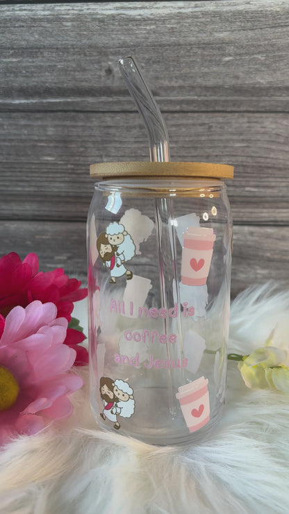 All I Need Is Coffee and Jesus Glass Tumbler | Christian Coffee Cup with Bamboo Lid & Straw | Faith Gift for Women